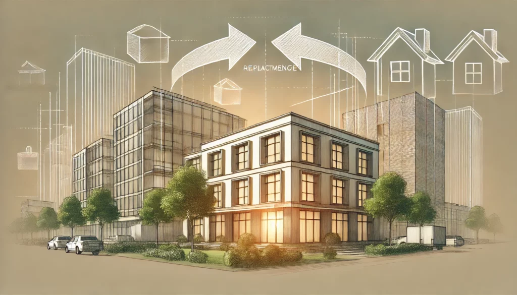 A single image representing the concept of a 1031 Exchange Replacement Property in a visual, wordless format. The scene features a modern commercial p